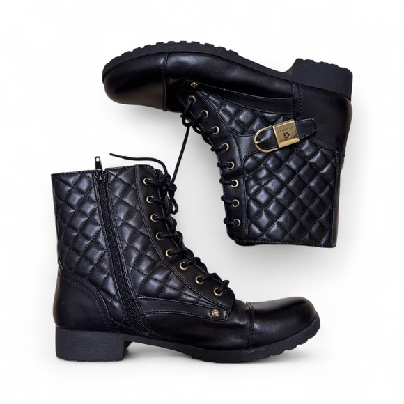 G by Guess Quilted Combat Boots Black Gold Buckle Women’s 8.5M NWOB - Picture 1 of 5